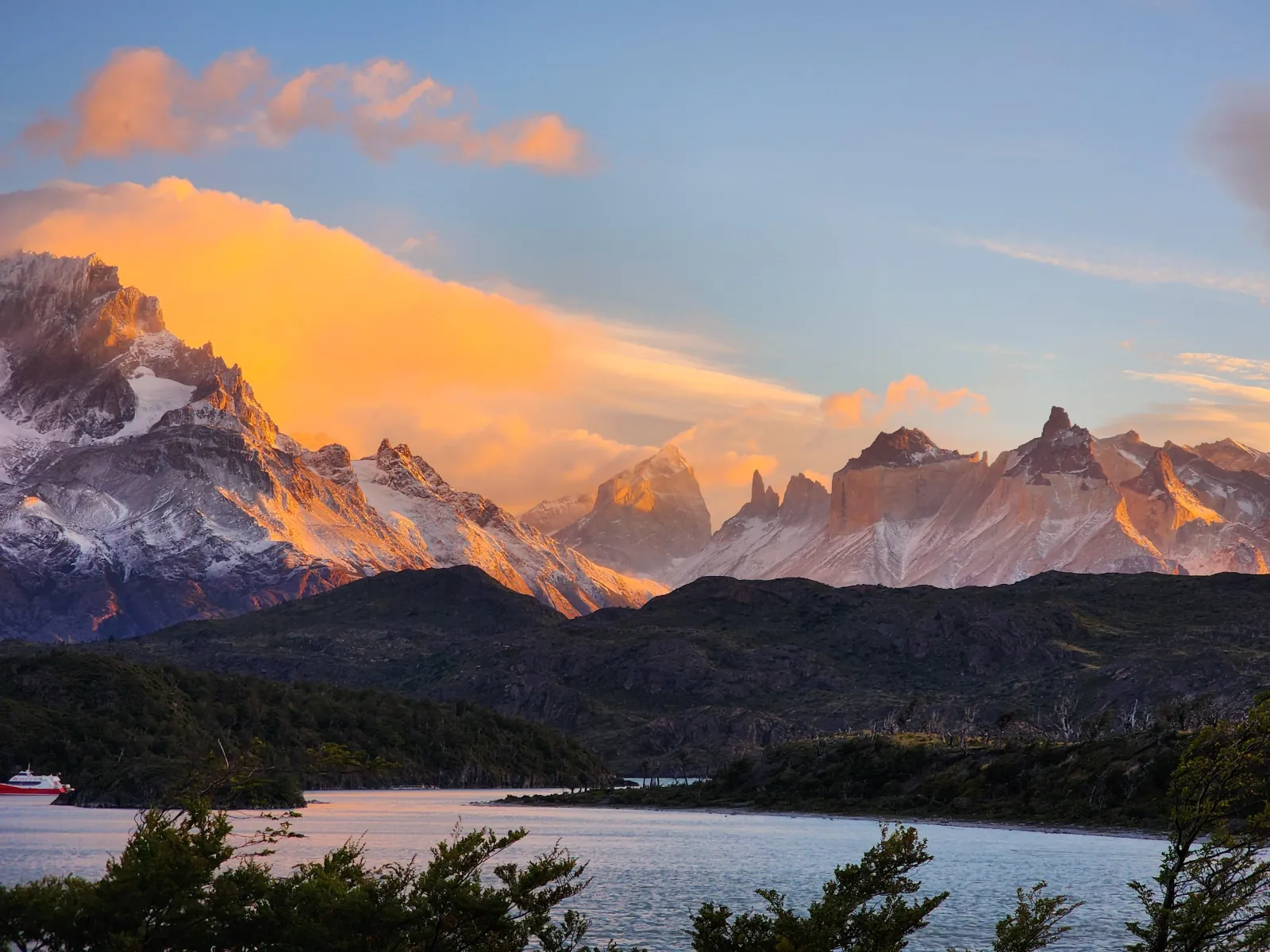 Sunrise colouring the Paine Massif above Lake Pehoé