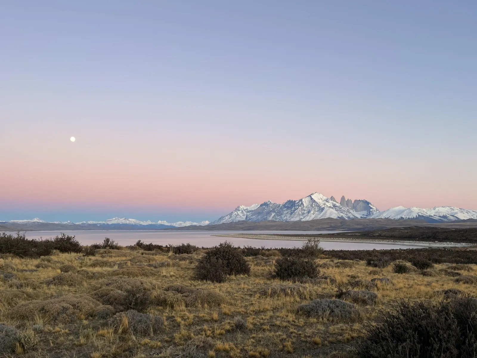 Pink dawn sky over the Paine Massif across the Patagonian steppe