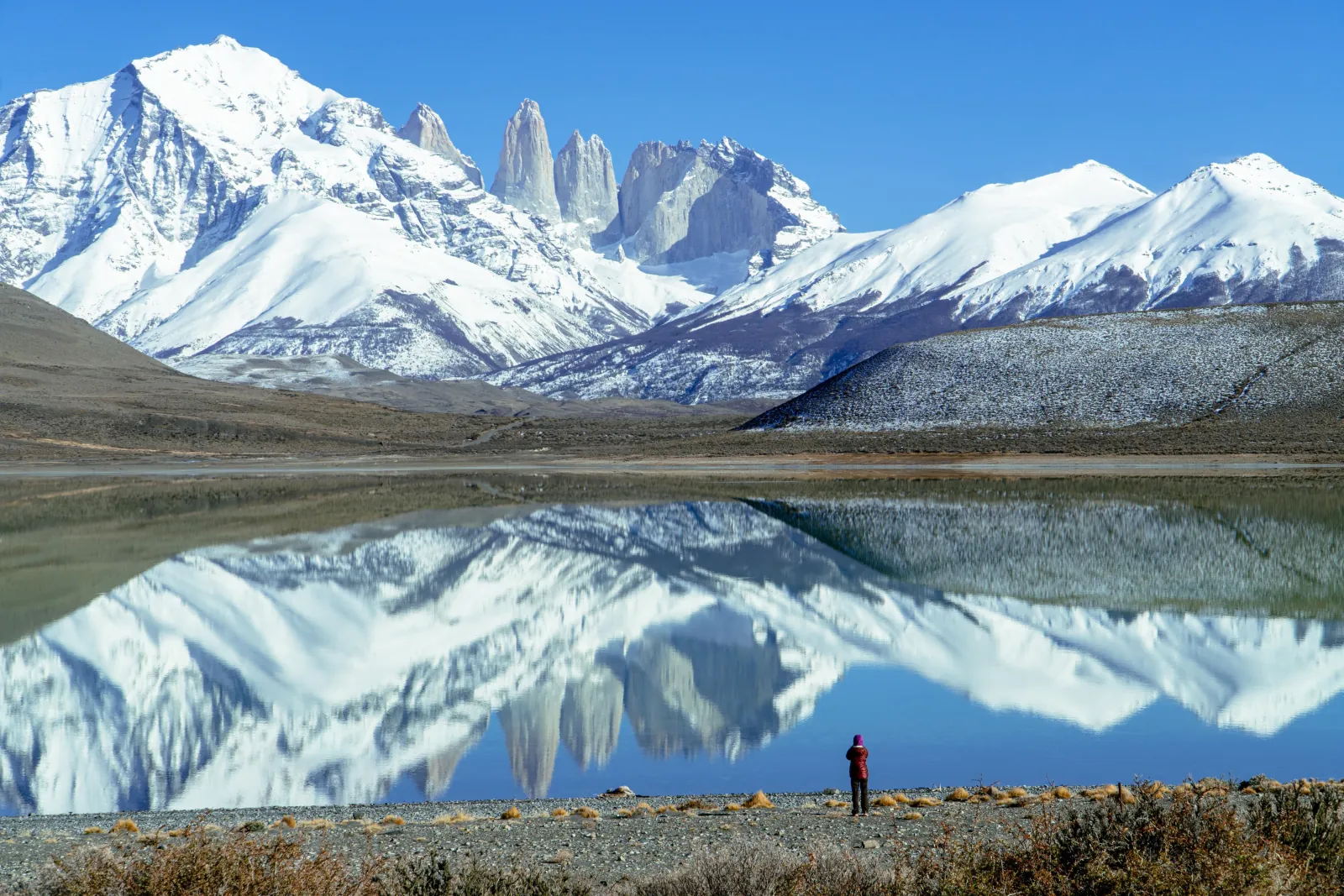 The three granite towers reflected in Laguna Amarga after fresh snow