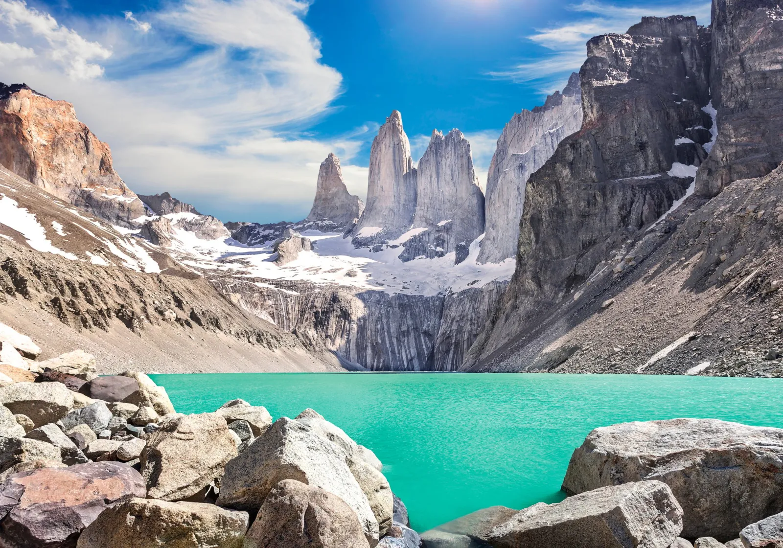 Turquoise glacial lagoon at the foot of the three towers at Base Torres