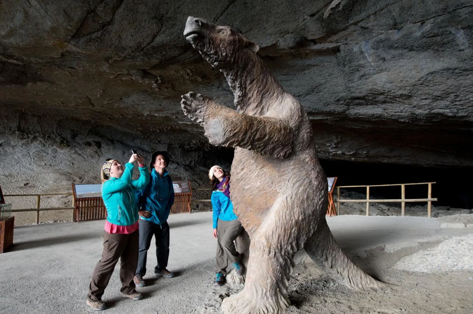 Life-size mylodon statue inside the Milodon Cave