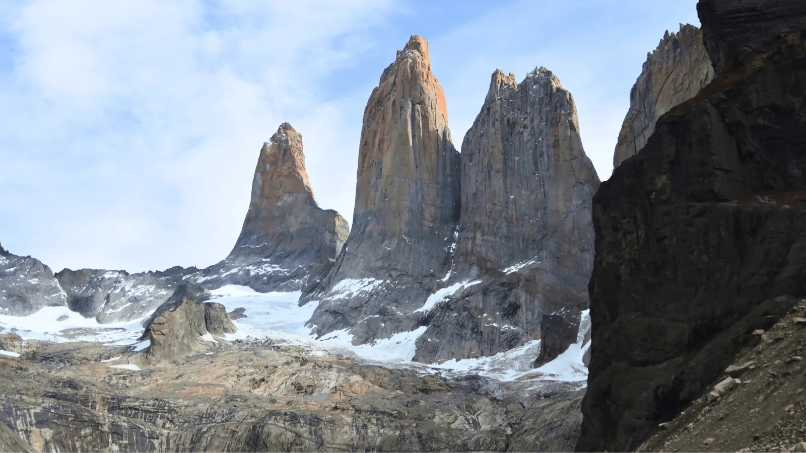 The three towers above the glacial lagoon at Base Torres