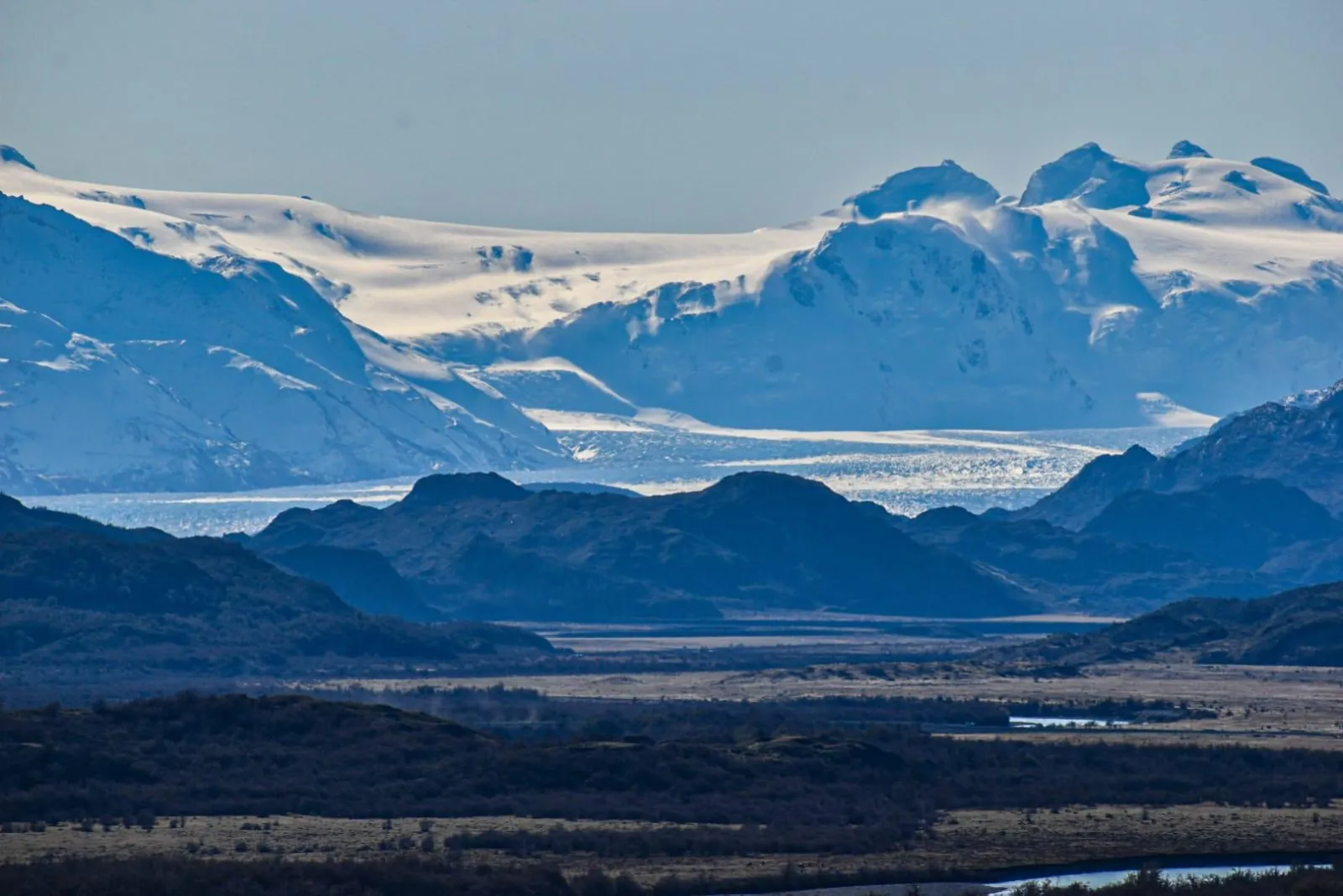 Ice fields above a broad valley in Torres del Paine