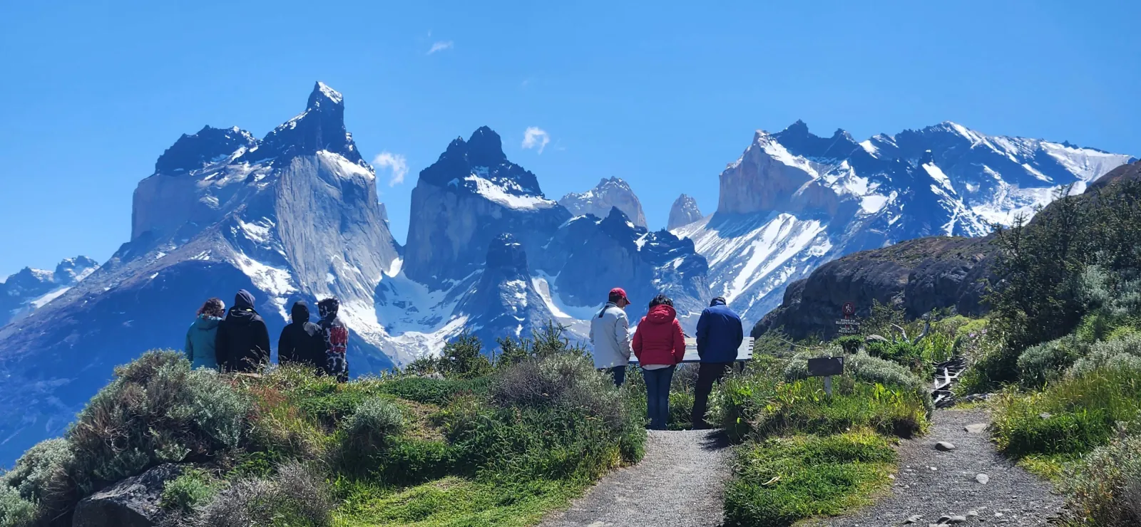 Visitors at a viewpoint facing the Cuernos del Paine